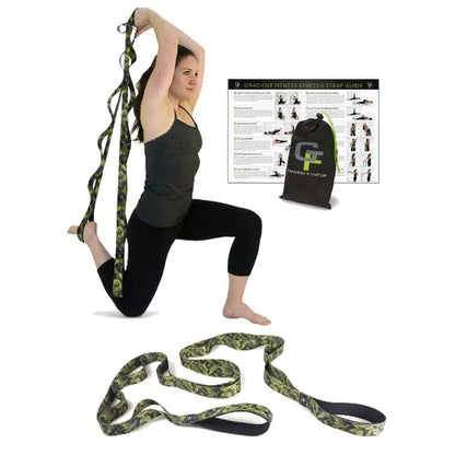Gradient Fitness Stretching Strap Wide Grip 1.5 Inch X 8 Feet - 12 Multi Loop Non Elastic Nylon Stretch Band with Neoprene Handles, Storage Bag and 12 Exercise Poster - 4 Color Options