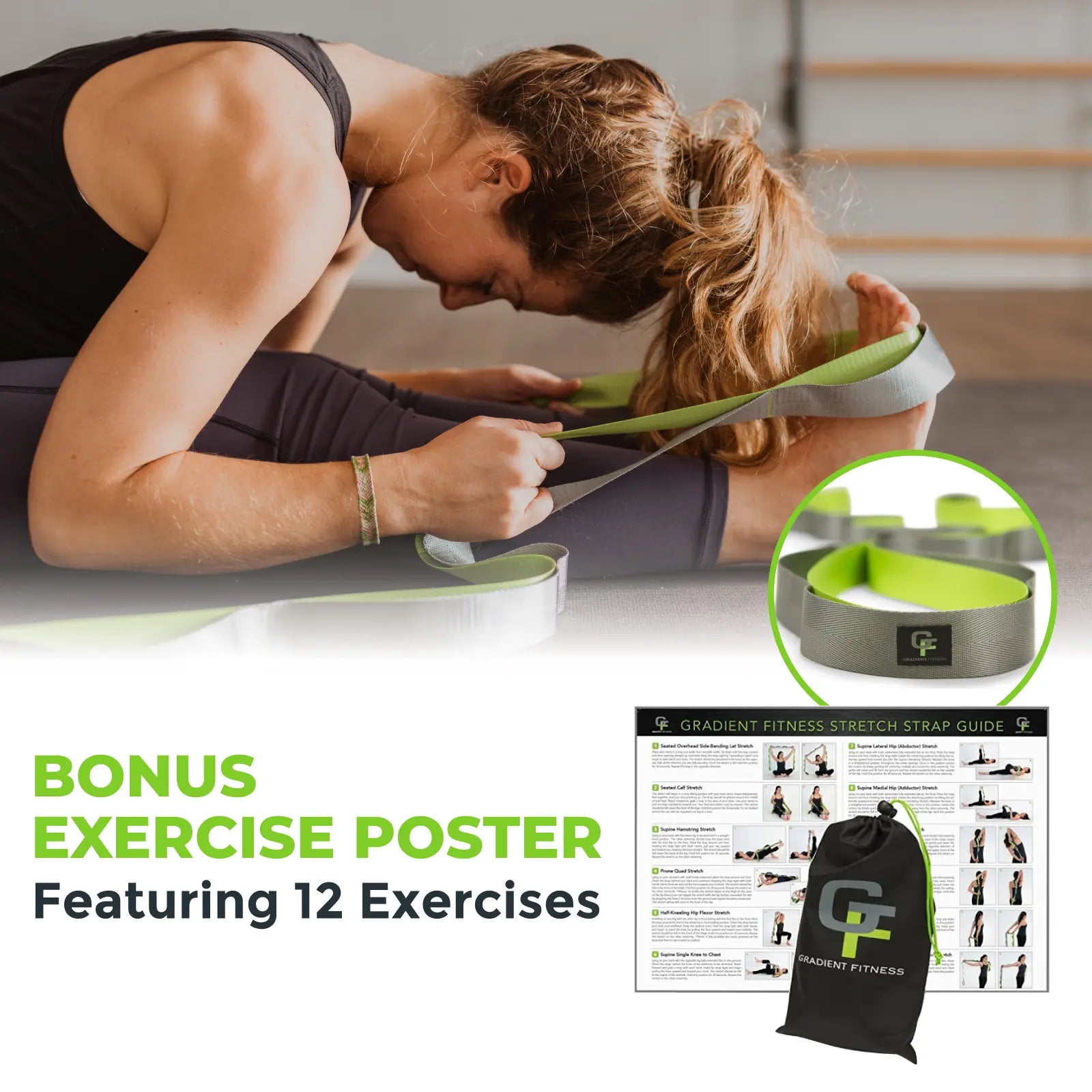 Gradient Fitness Stretching Strap Wide Grip 1.5 Inch X 8 Feet - 12 Multi Loop Non Elastic Nylon Stretch Band with Neoprene Handles, Storage Bag and 12 Exercise Poster - 4 Color Options