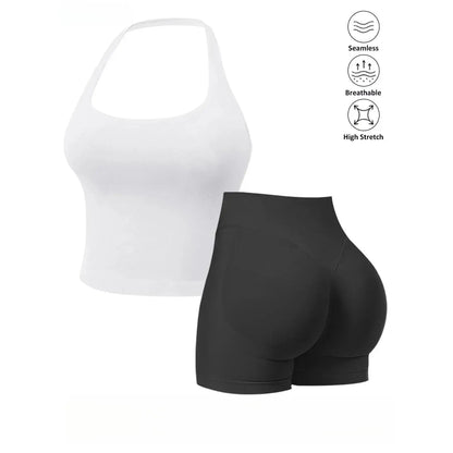 Seamless 2-Piece Women's Athleisure Set with Halter Built-In Bra Tank Top and Scrunch Booty Shorts, Breathable Quick-Dry Activewear for Yoga, Gym, and Running, Free Shipping Available