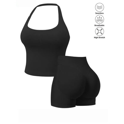 Seamless 2-Piece Women's Athleisure Set with Halter Built-In Bra Tank Top and Scrunch Booty Shorts, Breathable Quick-Dry Activewear for Yoga, Gym, and Running, Free Shipping Available