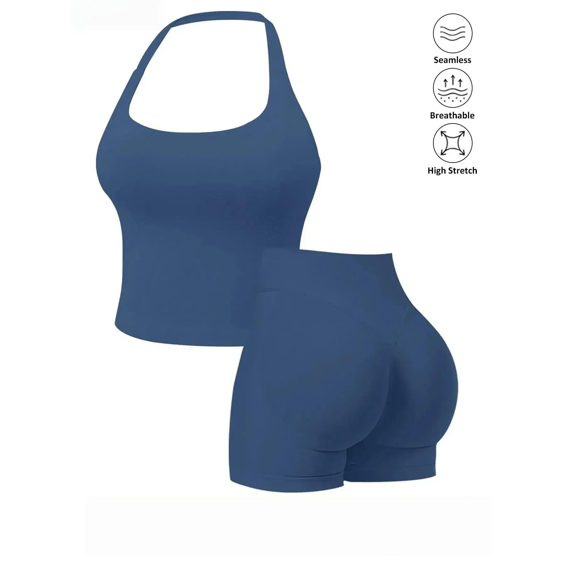 Seamless 2-Piece Women's Athleisure Set with Halter Built-In Bra Tank Top and Scrunch Booty Shorts, Breathable Quick-Dry Activewear for Yoga, Gym, and Running, Free Shipping Available