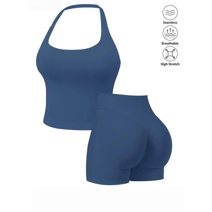 Seamless 2-Piece Women's Athleisure Set with Halter Built-In Bra Tank Top and Scrunch Booty Shorts, Breathable Quick-Dry Activewear for Yoga, Gym, and Running, Free Shipping Available