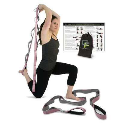 Gradient Fitness Stretching Strap Wide Grip 1.5 Inch X 8 Feet - 12 Multi Loop Non Elastic Nylon Stretch Band with Neoprene Handles, Storage Bag and 12 Exercise Poster - 4 Color Options
