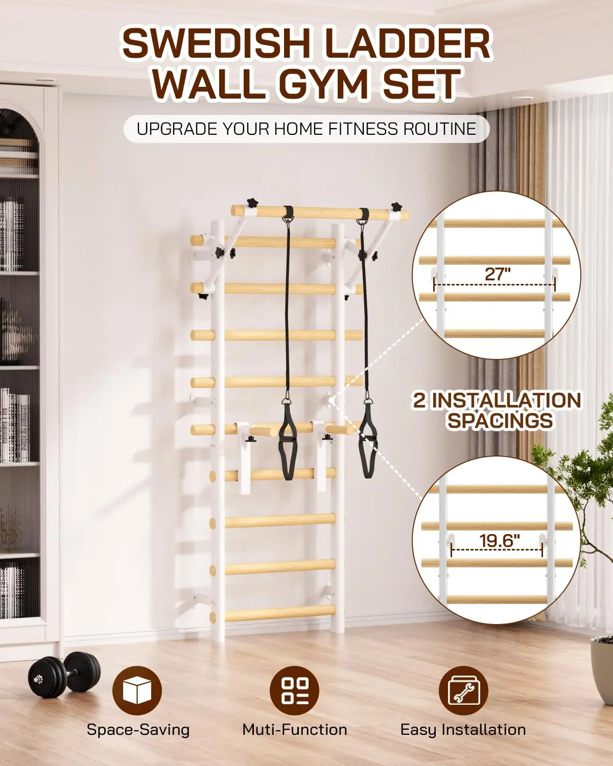 COFIYARD Wooden Swedish Ladder Wall Gym, Wall Mounted Stall Bars with Pull up Bar, Dip Bars & Workout Straps, Full Body Home Fitness Training Equipment