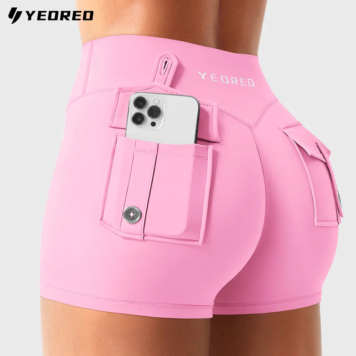 YEOREO Coreflex Women's Low Rise Workout Shorts with Hidden Scrunch and Cargo Pockets, 2.5" Summer Style