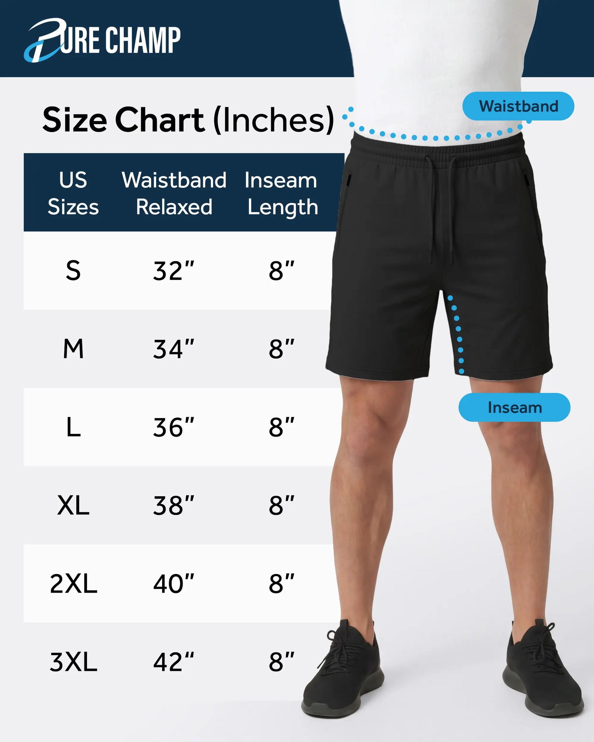 PURE CHAMP Men'S 3-Pack Athletic Shorts Set - 8" Fitness Workout Men’S Shorts for Basketball, Gym, Male Active Style with Zipper Pockets, S-3XL