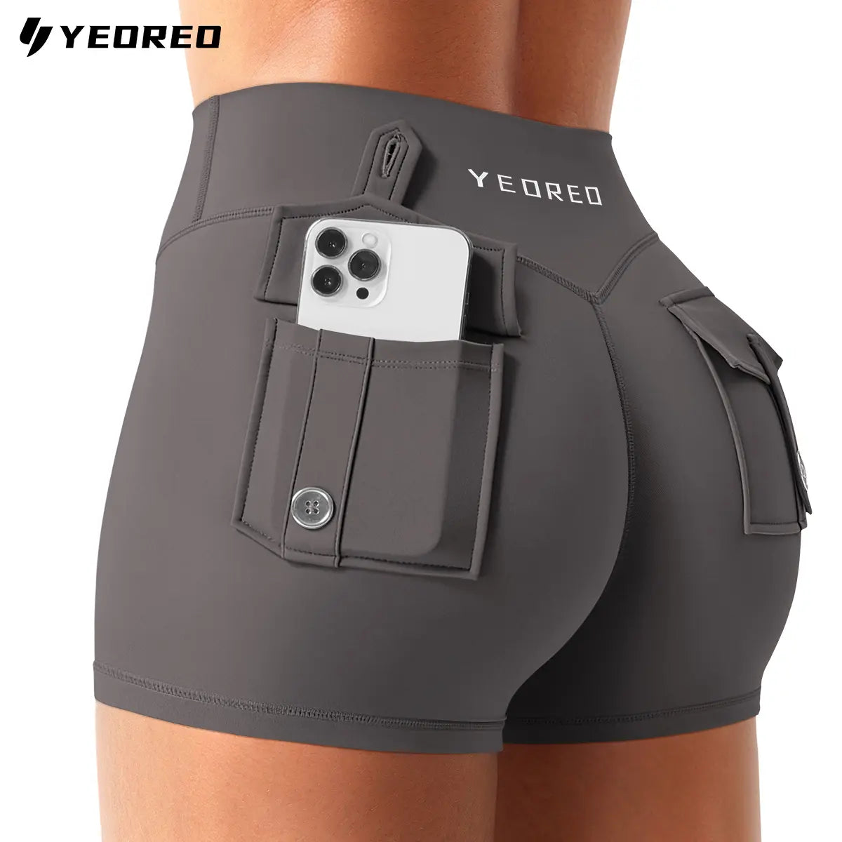 YEOREO Coreflex Women's Low Rise Workout Shorts with Hidden Scrunch and Cargo Pockets, 2.5" Summer Style