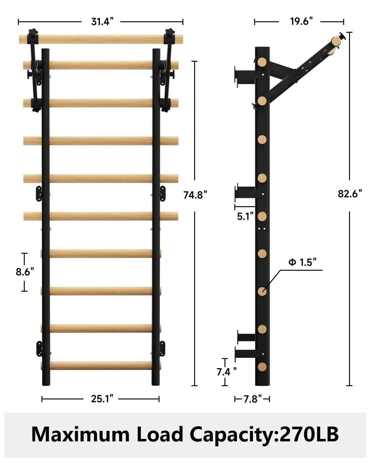 COFIYARD Wooden Swedish Ladder Wall Gym, Wall Mounted Stall Bars with Pull up Bar, Dip Bars & Workout Straps, Full Body Home Fitness Training Equipment