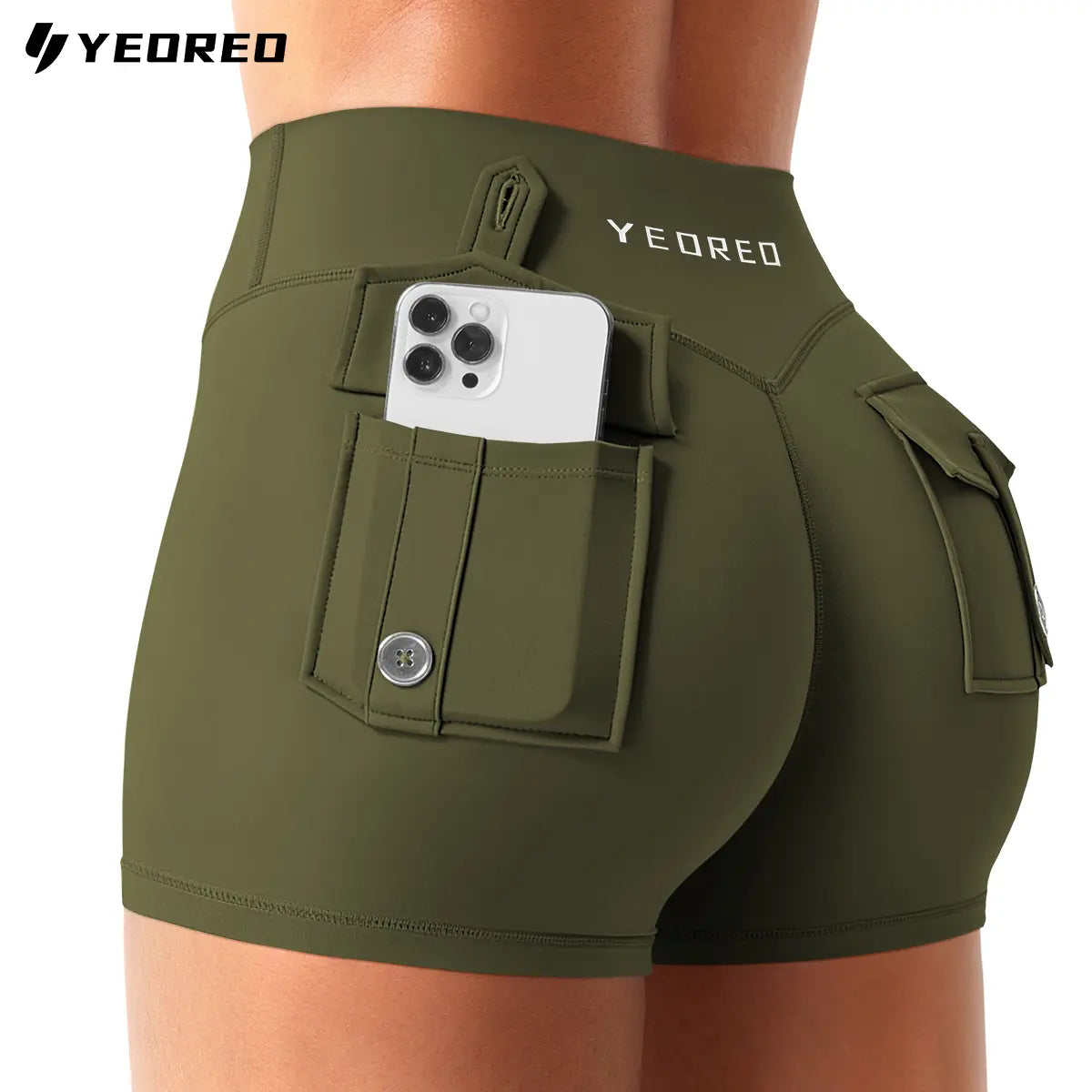 YEOREO Coreflex Women's Low Rise Workout Shorts with Hidden Scrunch and Cargo Pockets, 2.5" Summer Style