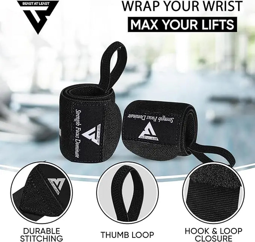 BEAST at LEAST Weightlifting Wrist Wraps 18 Heavy Duty Cotton Wrist Support with Thumb Loop for Powerlifting, Strength Training & Bodybuilding Workout Accessories