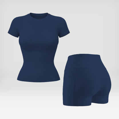 Snatched 2 Piece Workout Set for Women, Seamless Ribbed Boat Neck Top with Tummy Control High Waist Shorts, Body Shaping Athletic Outfit, Woman 2 Piece Set