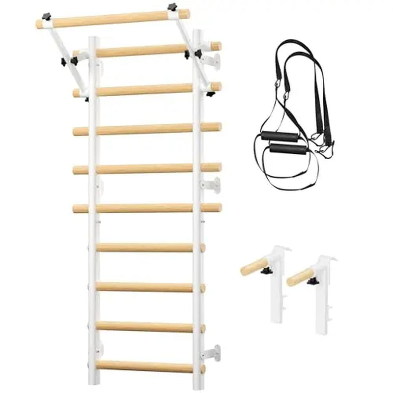 COFIYARD Wooden Swedish Ladder Wall Gym, Wall Mounted Stall Bars with Pull up Bar, Dip Bars & Workout Straps, Full Body Home Fitness Training Equipment