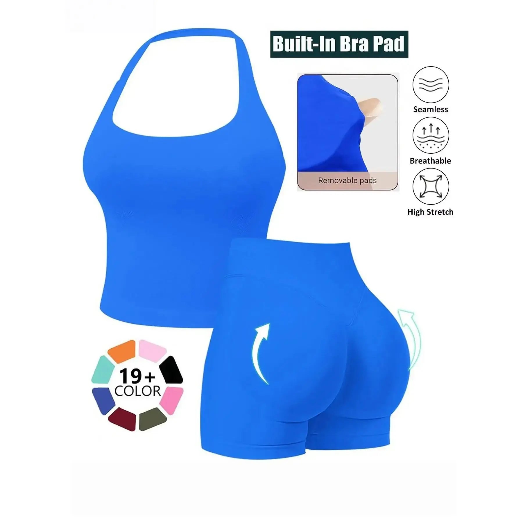 Seamless 2-Piece Women's Athleisure Set with Halter Built-In Bra Tank Top and Scrunch Booty Shorts, Breathable Quick-Dry Activewear for Yoga, Gym, and Running, Free Shipping Available