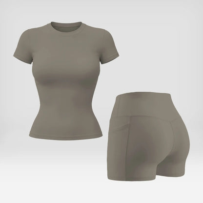 Snatched 2 Piece Workout Set for Women, Seamless Ribbed Boat Neck Top with Tummy Control High Waist Shorts, Body Shaping Athletic Outfit, Woman 2 Piece Set