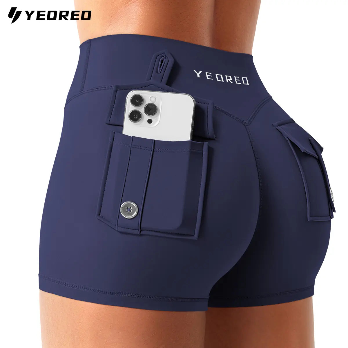 YEOREO Coreflex Women's Low Rise Workout Shorts with Hidden Scrunch and Cargo Pockets, 2.5" Summer Style