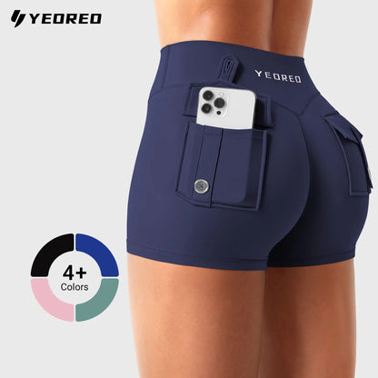 YEOREO Coreflex Women's Low Rise Workout Shorts with Hidden Scrunch and Cargo Pockets, 2.5" Summer Style