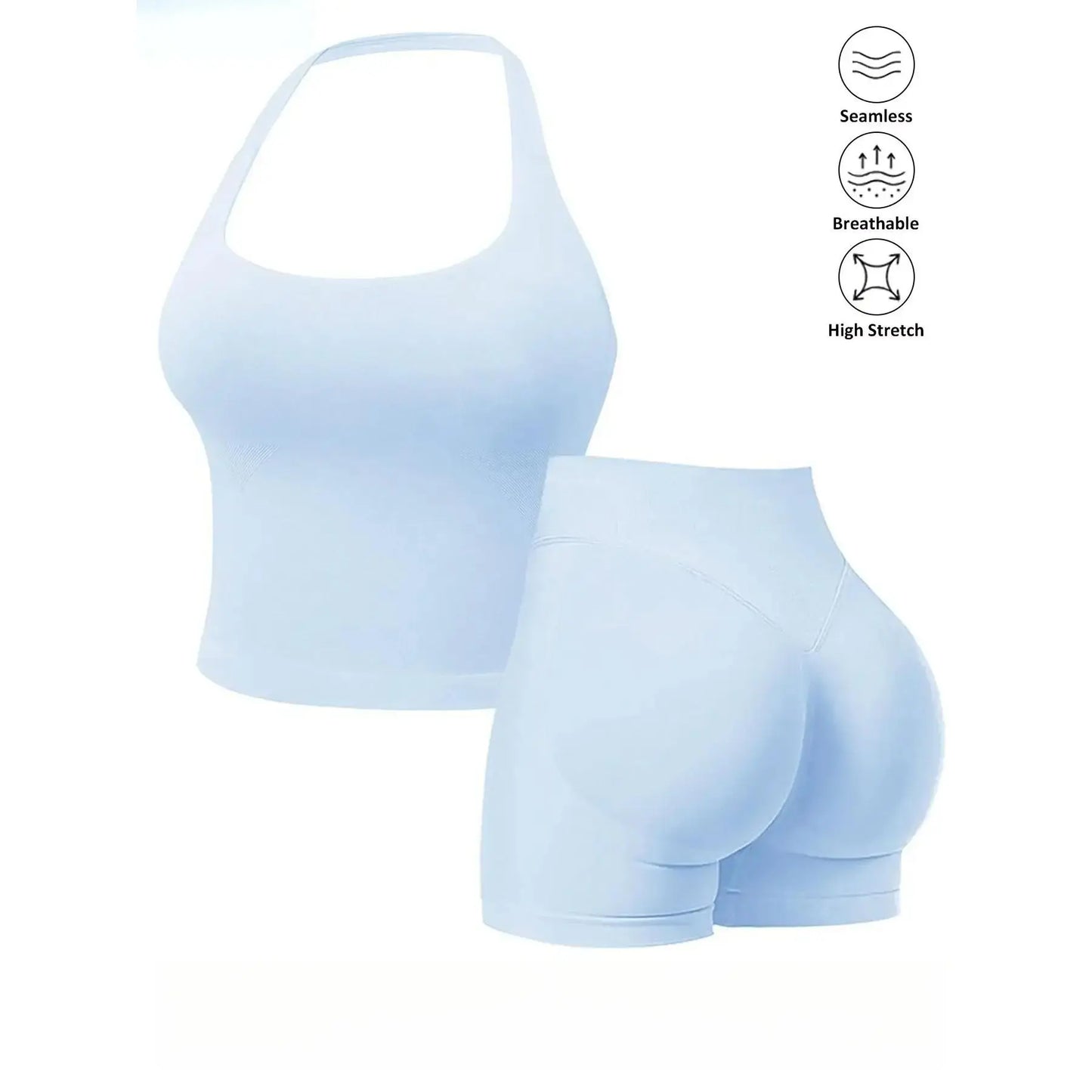 Seamless 2-Piece Women's Athleisure Set with Halter Built-In Bra Tank Top and Scrunch Booty Shorts, Breathable Quick-Dry Activewear for Yoga, Gym, and Running, Free Shipping Available