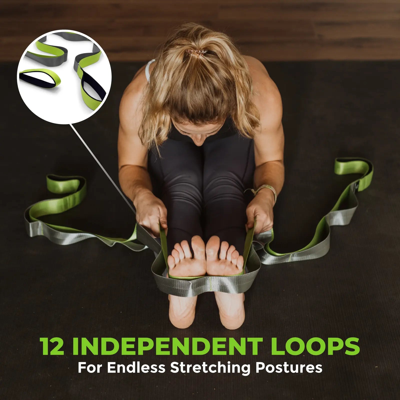 Gradient Fitness Stretching Strap Wide Grip 1.5 Inch X 8 Feet - 12 Multi Loop Non Elastic Nylon Stretch Band with Neoprene Handles, Storage Bag and 12 Exercise Poster - 4 Color Options