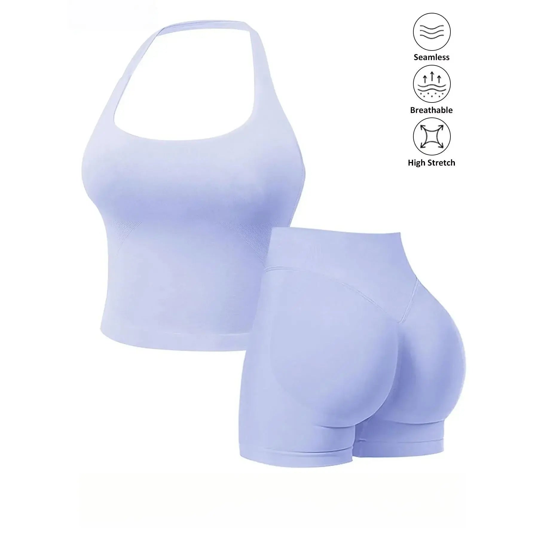 Seamless 2-Piece Women's Athleisure Set with Halter Built-In Bra Tank Top and Scrunch Booty Shorts, Breathable Quick-Dry Activewear for Yoga, Gym, and Running, Free Shipping Available
