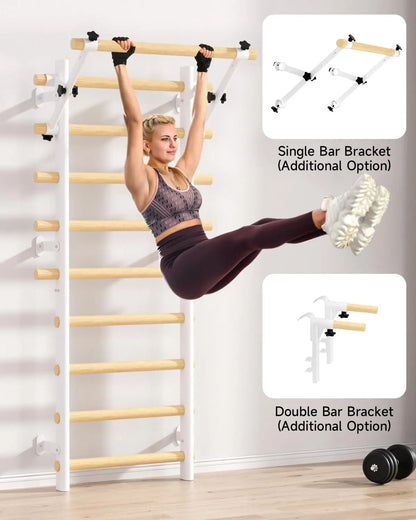 COFIYARD Wooden Swedish Ladder Wall Gym, Wall Mounted Stall Bars with Pull up Bar, Dip Bars & Workout Straps, Full Body Home Fitness Training Equipment