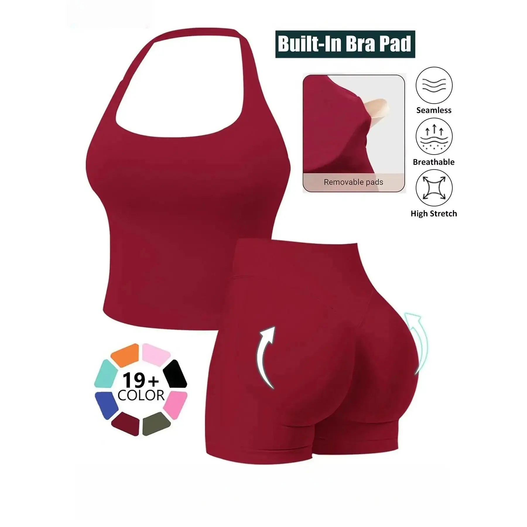 Seamless 2-Piece Women's Athleisure Set with Halter Built-In Bra Tank Top and Scrunch Booty Shorts, Breathable Quick-Dry Activewear for Yoga, Gym, and Running, Free Shipping Available