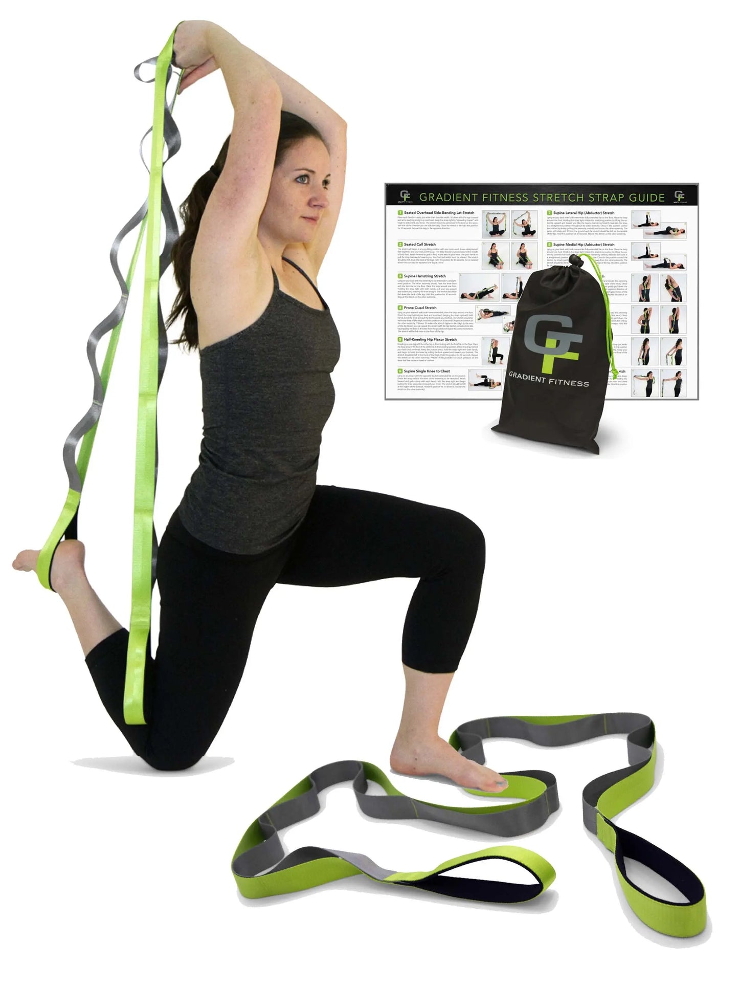 Gradient Fitness Stretching Strap Wide Grip 1.5 Inch X 8 Feet - 12 Multi Loop Non Elastic Nylon Stretch Band with Neoprene Handles, Storage Bag and 12 Exercise Poster - 4 Color Options