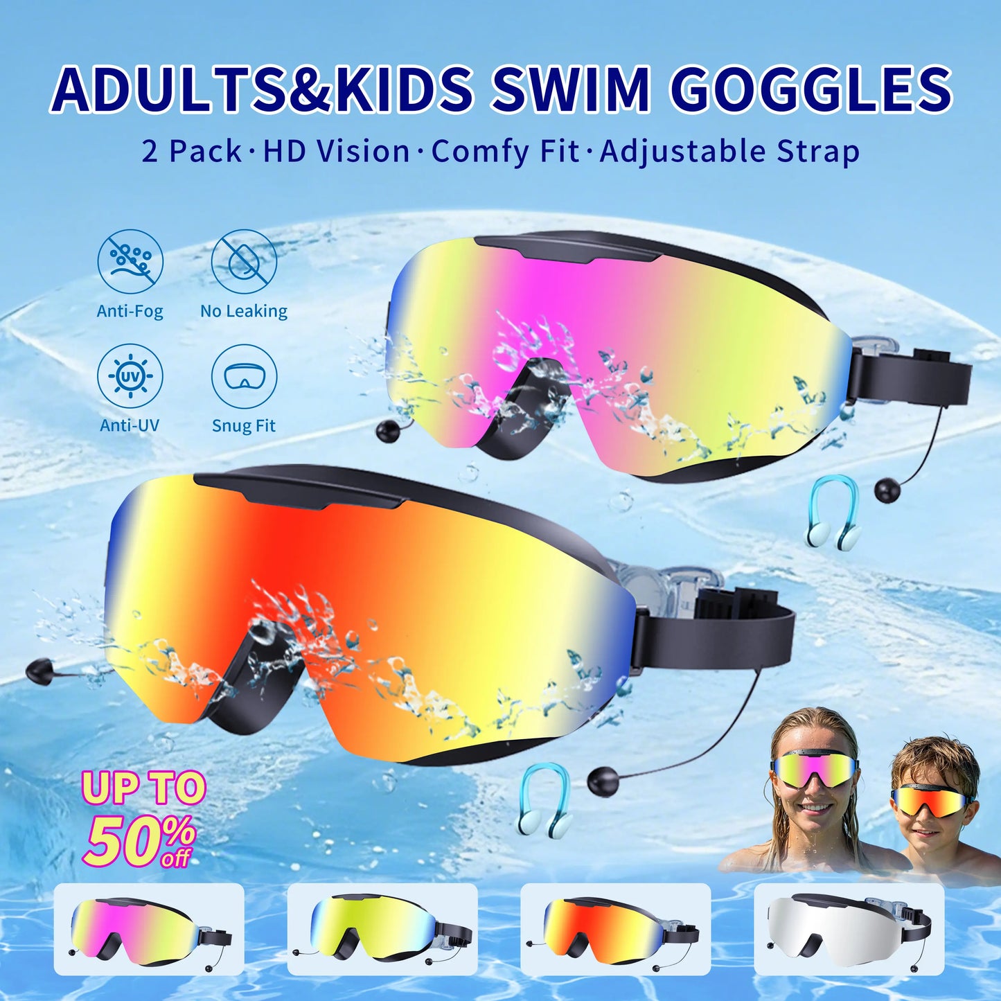 2 Pack Swim Goggles with Earplugs for Adult Kid 4-12 Men Women, Anti-Fog UV Protection No Leak 180° Wide View Clear Vision Pool Goggles