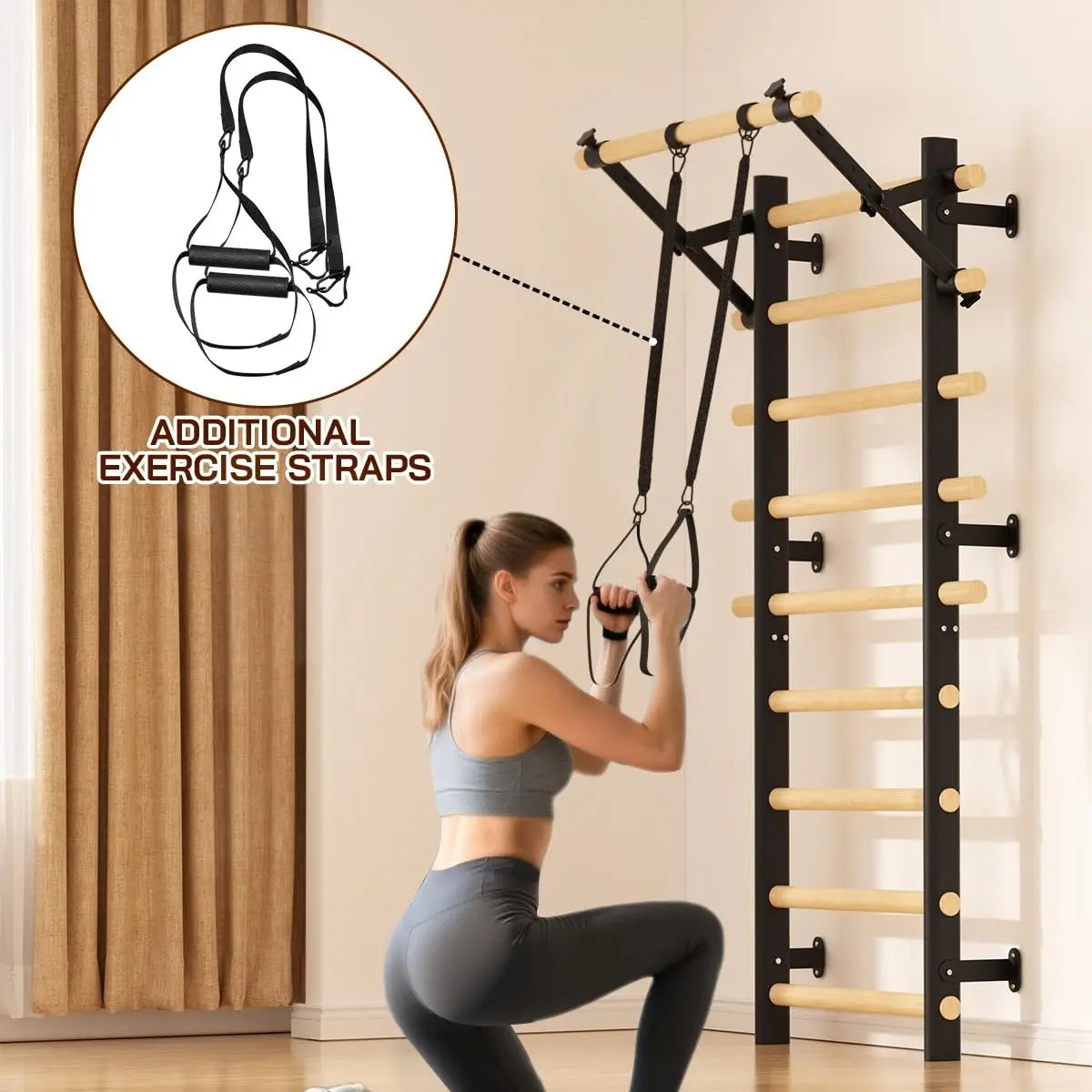 COFIYARD Wooden Swedish Ladder Wall Gym, Wall Mounted Stall Bars with Pull up Bar, Dip Bars & Workout Straps, Full Body Home Fitness Training Equipment