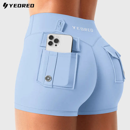 YEOREO Coreflex Women's Low Rise Workout Shorts with Hidden Scrunch and Cargo Pockets, 2.5" Summer Style