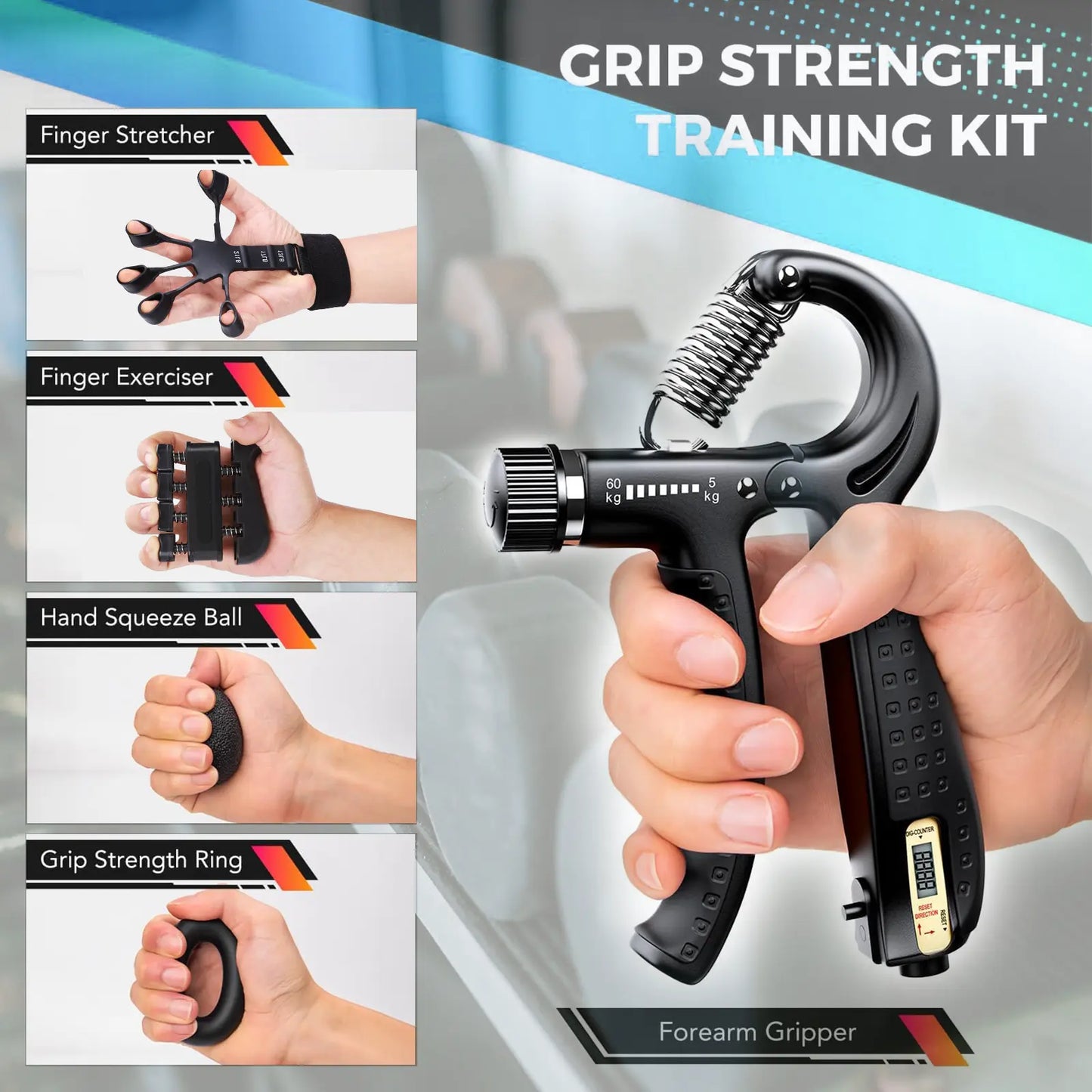 5-In-1 Complete Grip Strength Trainer Kit, Adjustable 11-132Lbs Hand Grip Strengthener, Finger Exerciser & Wrist Forearm Workout Equipment for Home Gym, Fitness, Rock Climbing, Athlete Training & Injury Recovery
