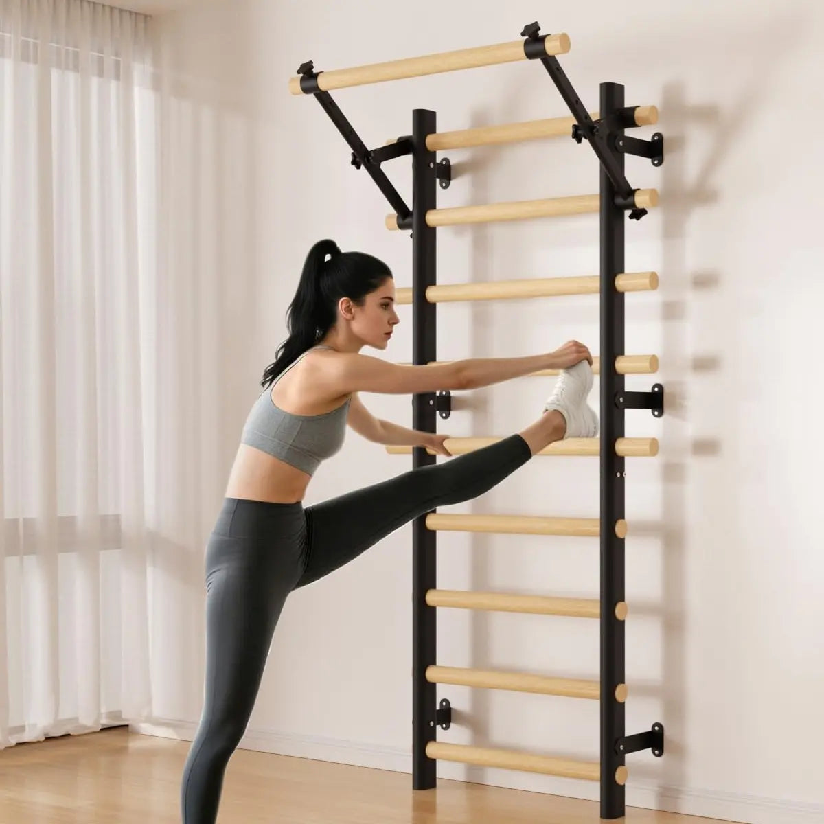 COFIYARD Wooden Swedish Ladder Wall Gym, Wall Mounted Stall Bars with Pull up Bar, Dip Bars & Workout Straps, Full Body Home Fitness Training Equipment
