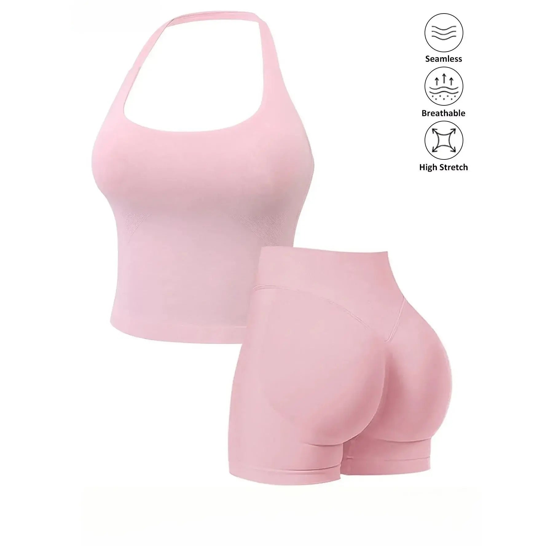 Seamless 2-Piece Women's Athleisure Set with Halter Built-In Bra Tank Top and Scrunch Booty Shorts, Breathable Quick-Dry Activewear for Yoga, Gym, and Running, Free Shipping Available