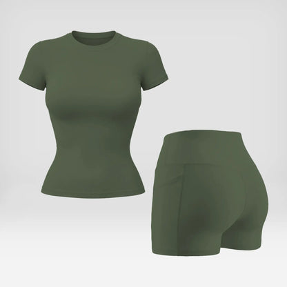 Snatched 2 Piece Workout Set for Women, Seamless Ribbed Boat Neck Top with Tummy Control High Waist Shorts, Body Shaping Athletic Outfit, Woman 2 Piece Set