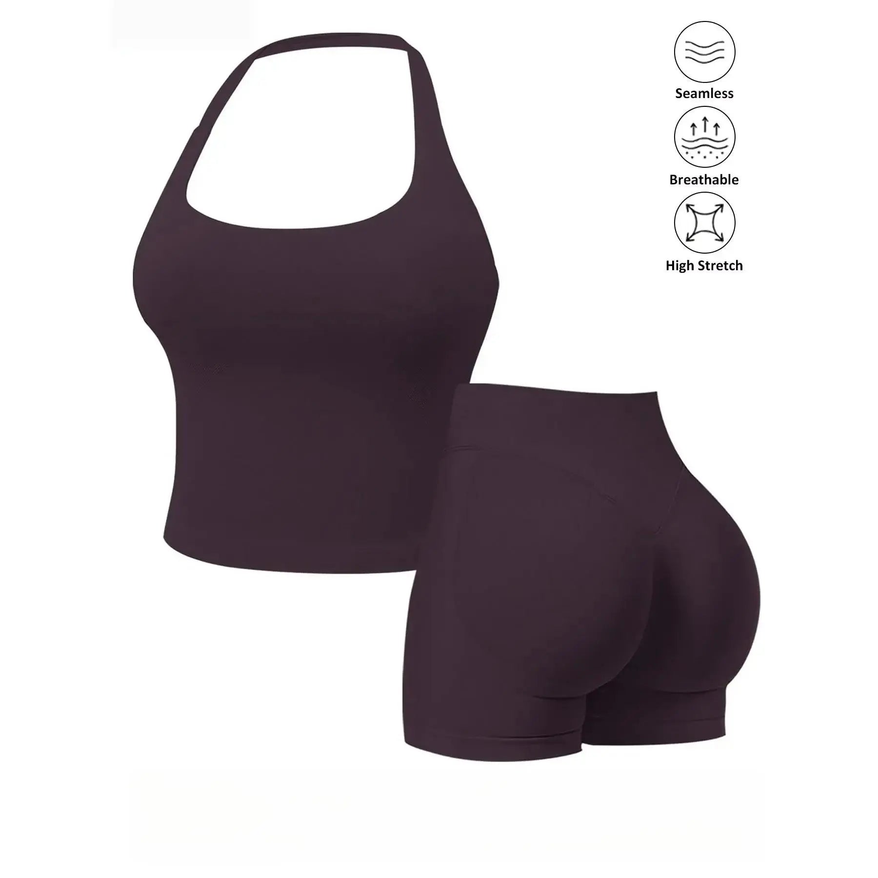 Seamless 2-Piece Women's Athleisure Set with Halter Built-In Bra Tank Top and Scrunch Booty Shorts, Breathable Quick-Dry Activewear for Yoga, Gym, and Running, Free Shipping Available