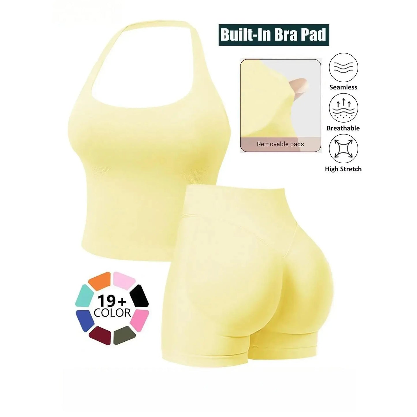 Seamless 2-Piece Women's Athleisure Set with Halter Built-In Bra Tank Top and Scrunch Booty Shorts, Breathable Quick-Dry Activewear for Yoga, Gym, and Running, Free Shipping Available