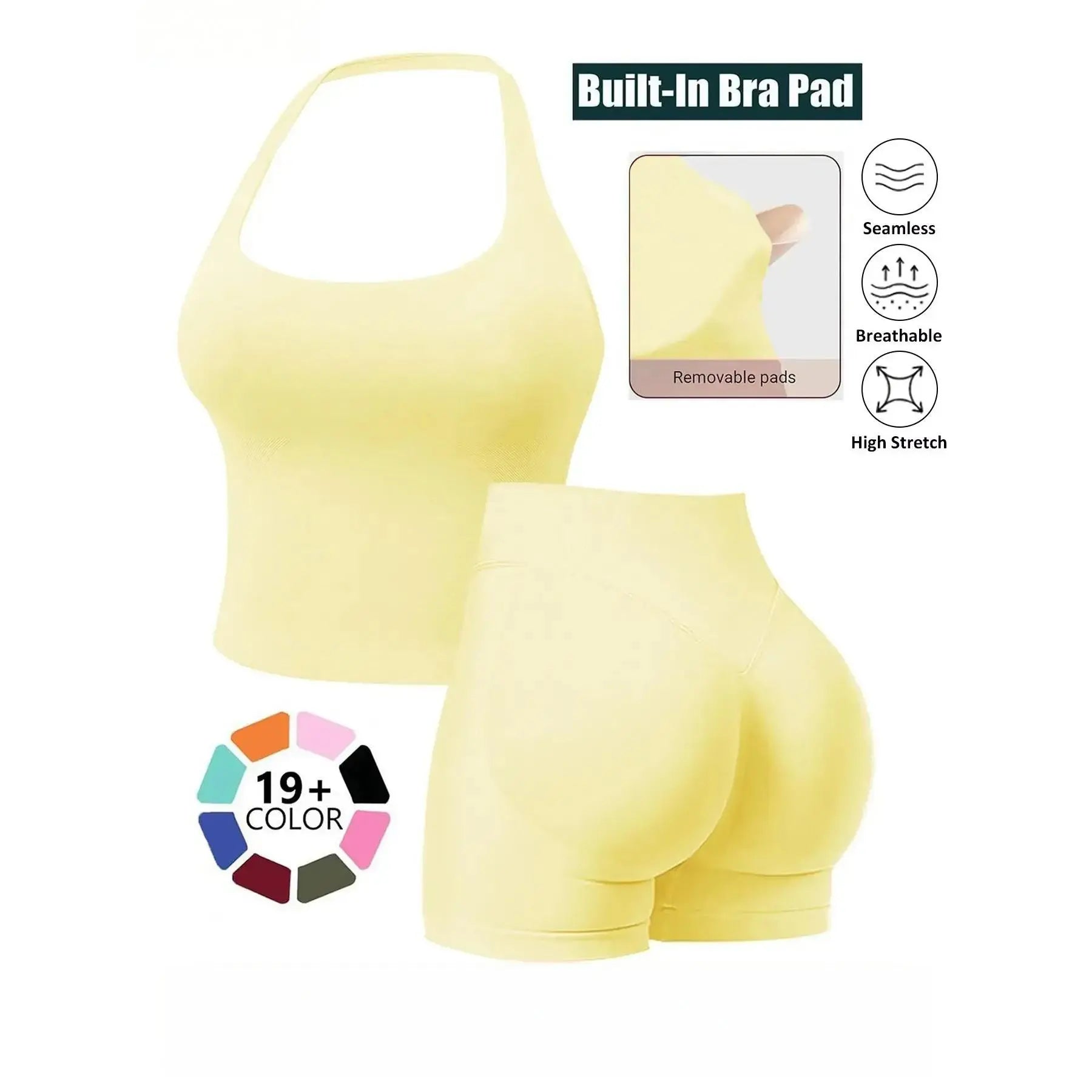 Seamless 2-Piece Women's Athleisure Set with Halter Built-In Bra Tank Top and Scrunch Booty Shorts, Breathable Quick-Dry Activewear for Yoga, Gym, and Running, Free Shipping Available