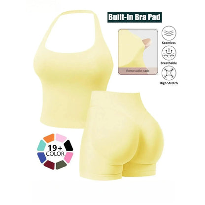 Seamless 2-Piece Women's Athleisure Set with Halter Built-In Bra Tank Top and Scrunch Booty Shorts, Breathable Quick-Dry Activewear for Yoga, Gym, and Running, Free Shipping Available