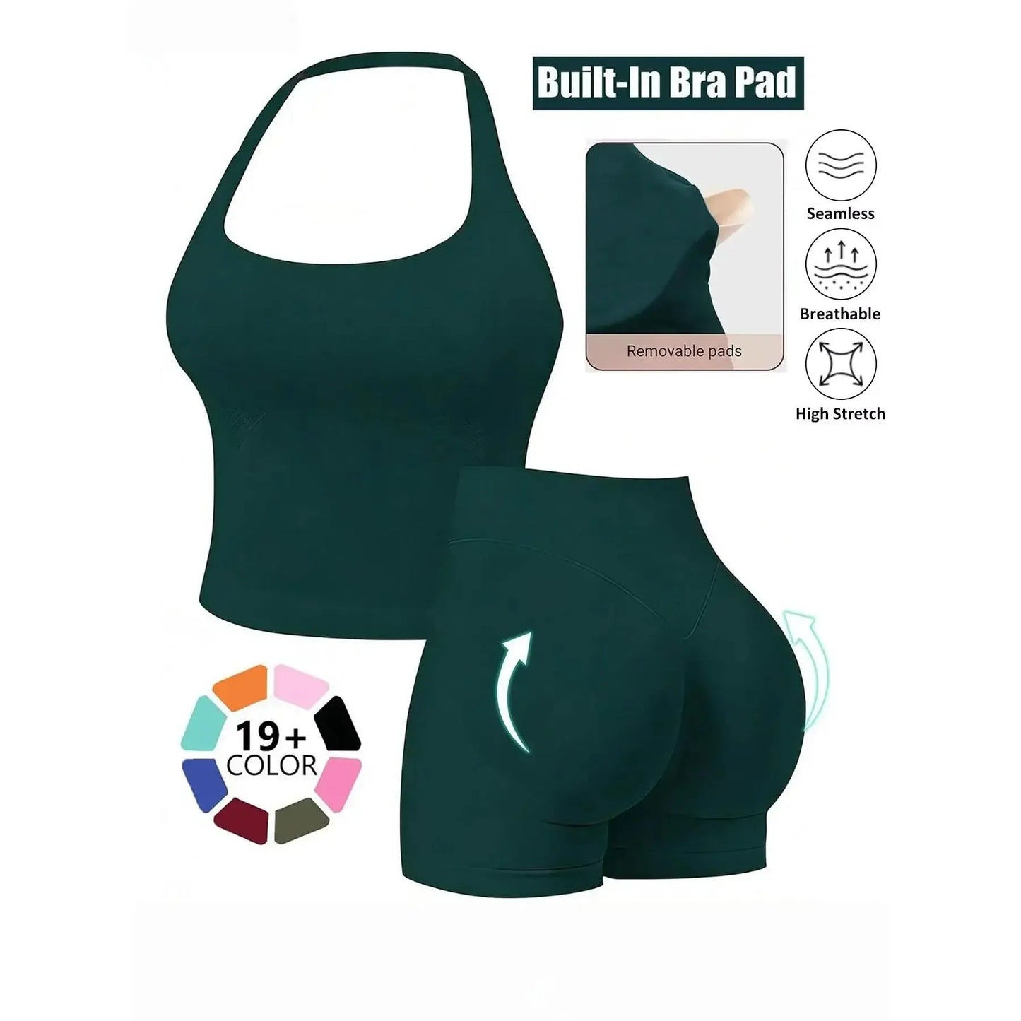 Seamless 2-Piece Women's Athleisure Set with Halter Built-In Bra Tank Top and Scrunch Booty Shorts, Breathable Quick-Dry Activewear for Yoga, Gym, and Running, Free Shipping Available